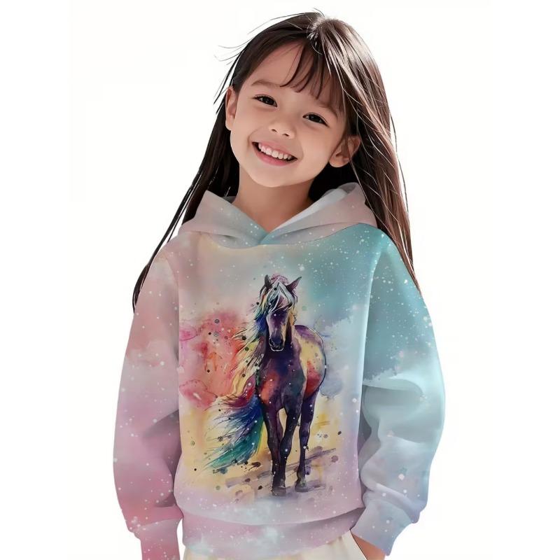 Vêtements Cool pour Filles Équestres Animaux Impression 3D Automne Sweats à Capuche Manches Longues Amples Légers Sweat Confortable Vêtements pour Enfants