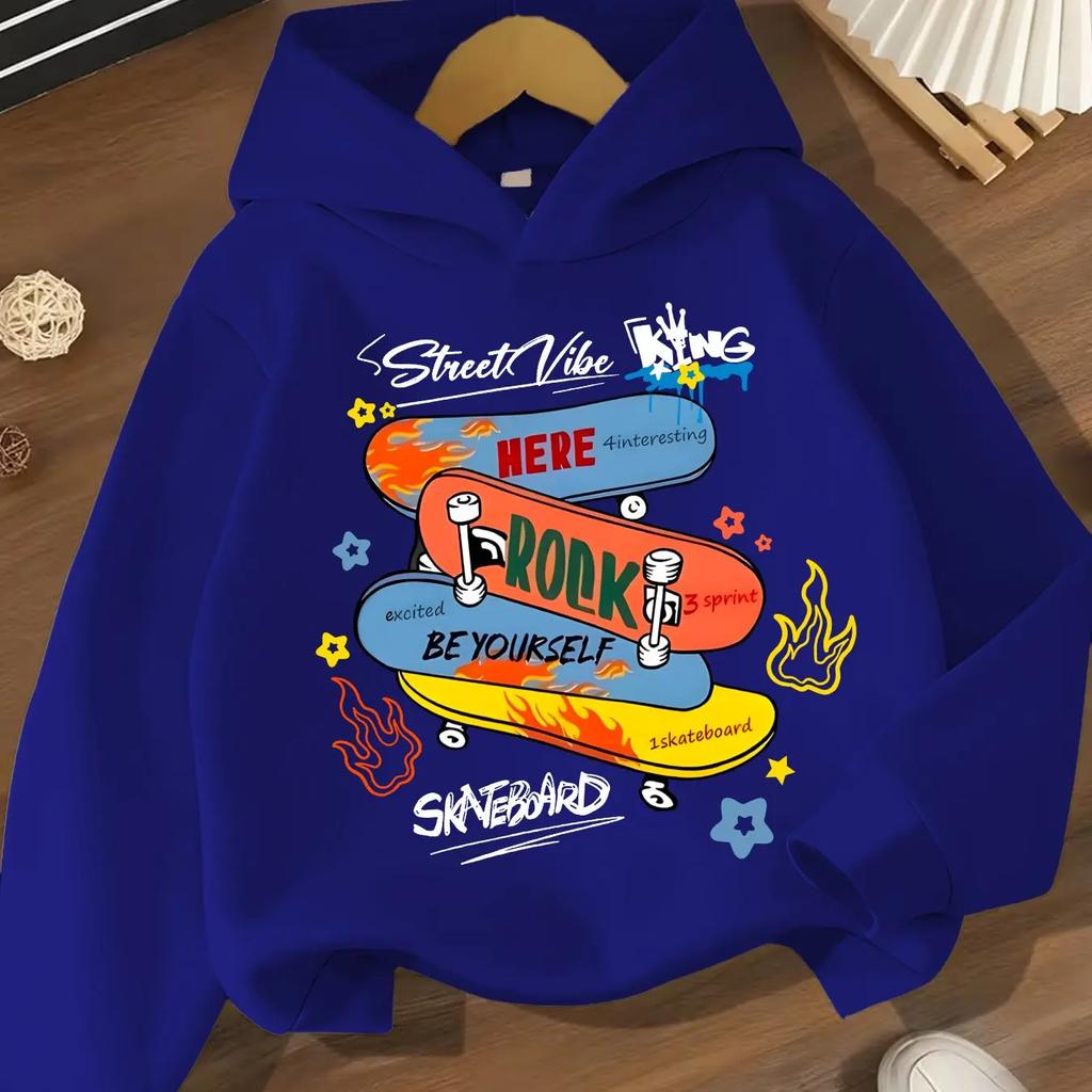 Kids Skateboard Hoodie Graffiti Graphic Print Pullover Sweatshirt Boys Girls Streetwear Cartoon Casual Hooded Top Autumn Winter