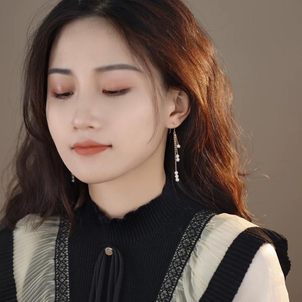 Natural freshwater pearl earrings long fringed thin ear hook 14K gold pearl niche design commuter earrings