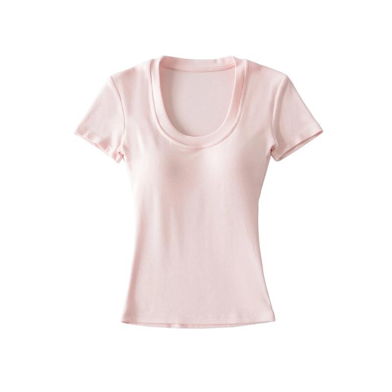 Spice girl u-neck short-sleeved t-shirt women's short with chest pad summer waist tight sexy t-shirt high waist bottoming shirt top