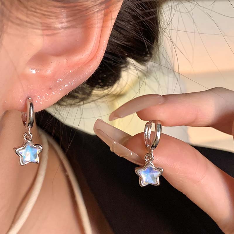 Kpop Y2K Pink Moonlight Stone Star Pendant Earrings For Women Egirl Fashion Sweet Crystal Star Ear Buckle Zircon Accessories