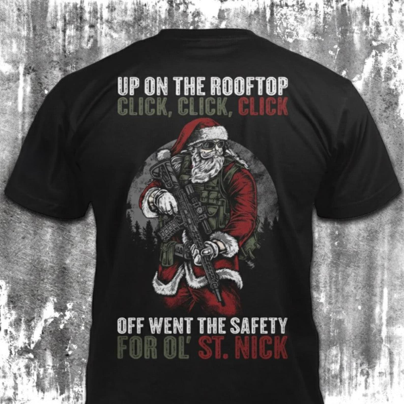 Tactical Santa Rifle T-Shirt – Distressed Military Christmas Gift L
