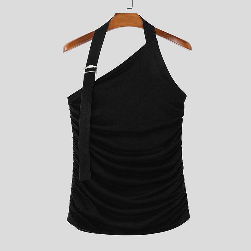 

INCERUN Мужские топы без рукавов с халтером и нерегулярным вырезом, однотонные, с оборками S чёрный