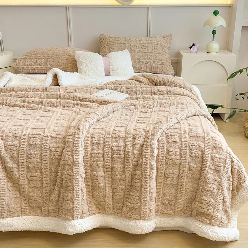 Thickened Coral Fleece Bed Blankets for Winter Warm Soft Imitation Lambs Wool Jacquard Blankets for Bedroom Sleeping Sofa Throw