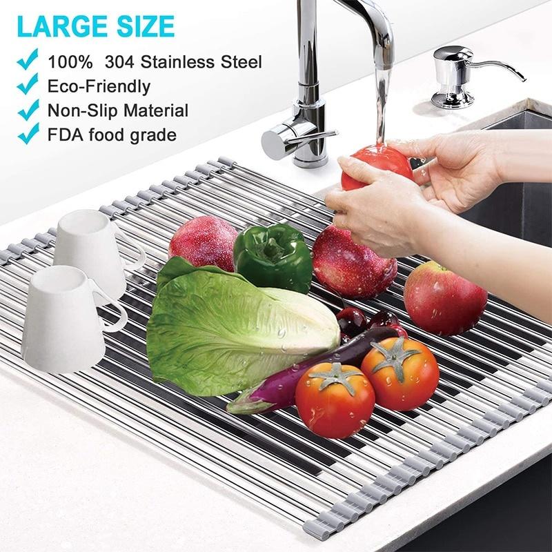 Multipurpose Foldable Kitchen Sink Rack Mat Stainless Steel Fruit Vegetable Dish Drain Rack