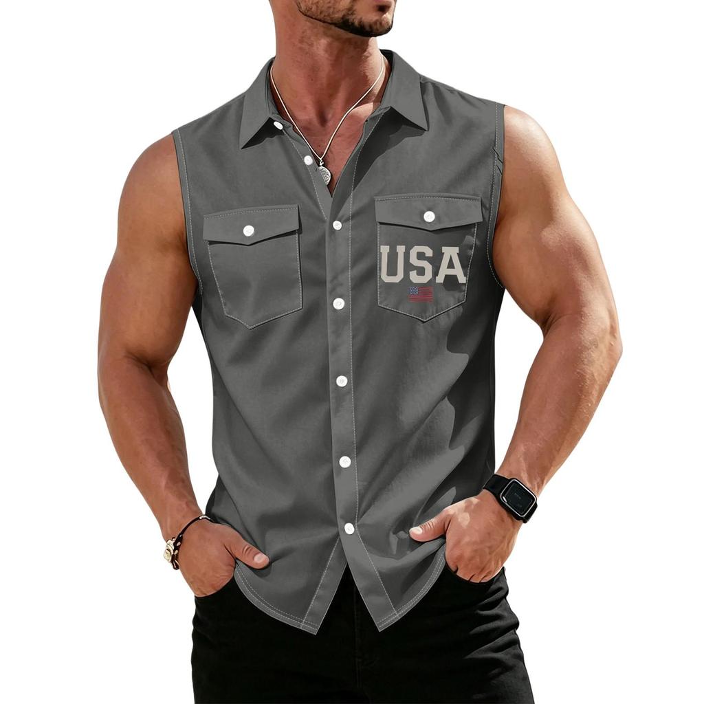 Men's Workwear Lapel Button-Down Vest Shirt - Lightweight Sleeveless Top