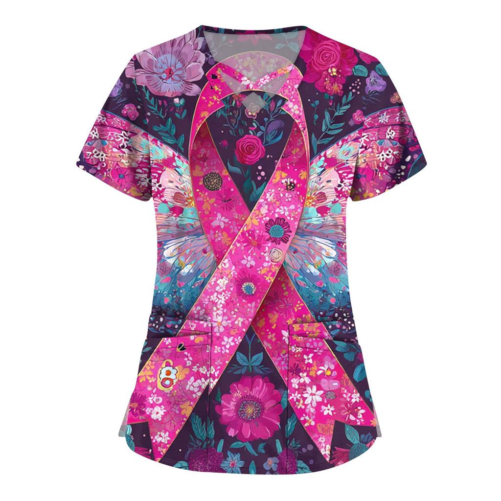 Women's Fashion V-Neck Short Sleeve Overalls Double Layer Pocket Printed Tops Apparel