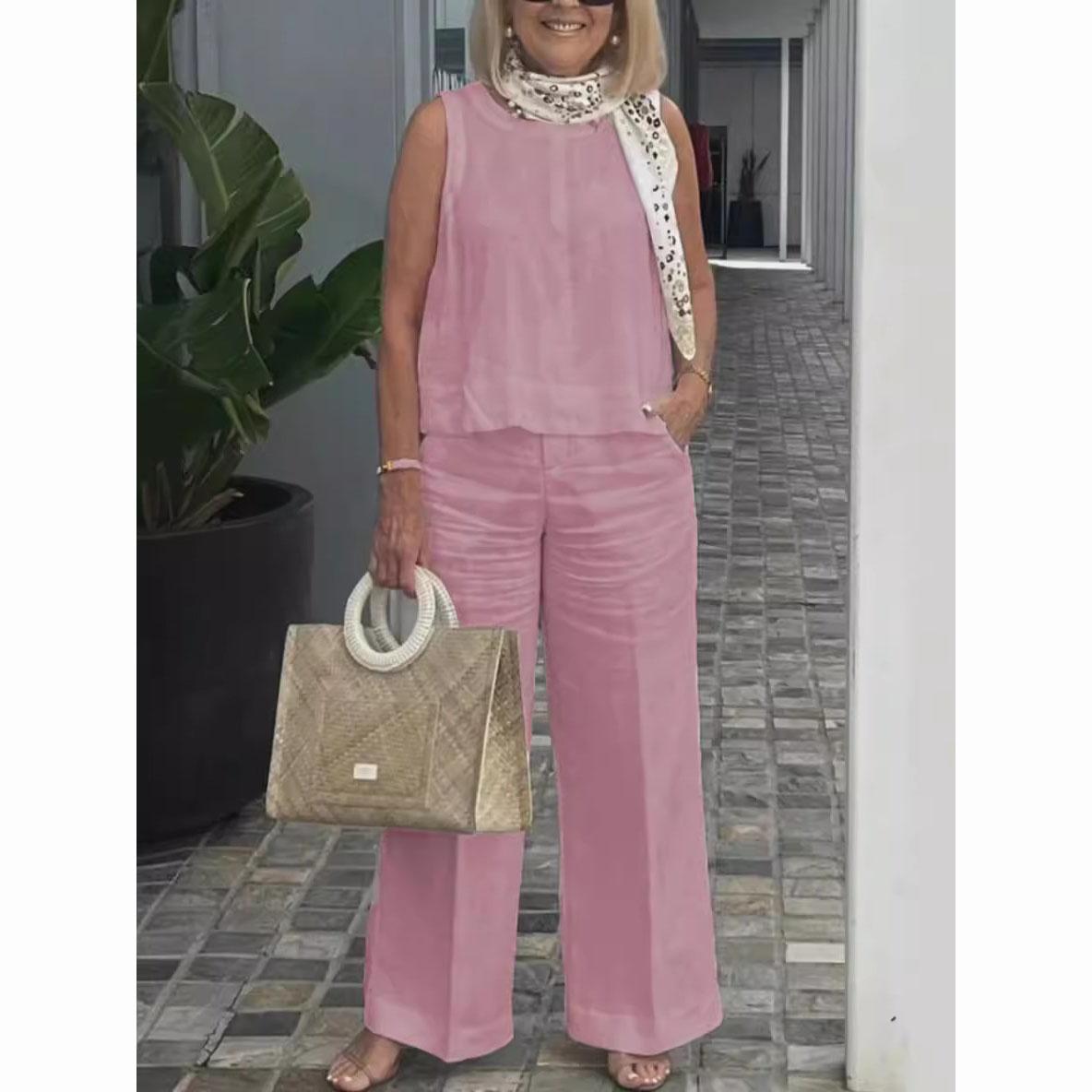 

Женские костюмы Летняя мода Без рукавов Свободная блузка Широкие брюки Комплекты из двух предметов для женщин Повседневная одежда L розовый