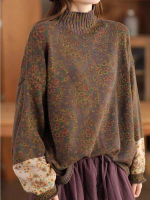Dames Pullover Truien Mock Neck Lange Mouw Patchwork Print Bloemen Lente Gebreid Katoen Dames Truien