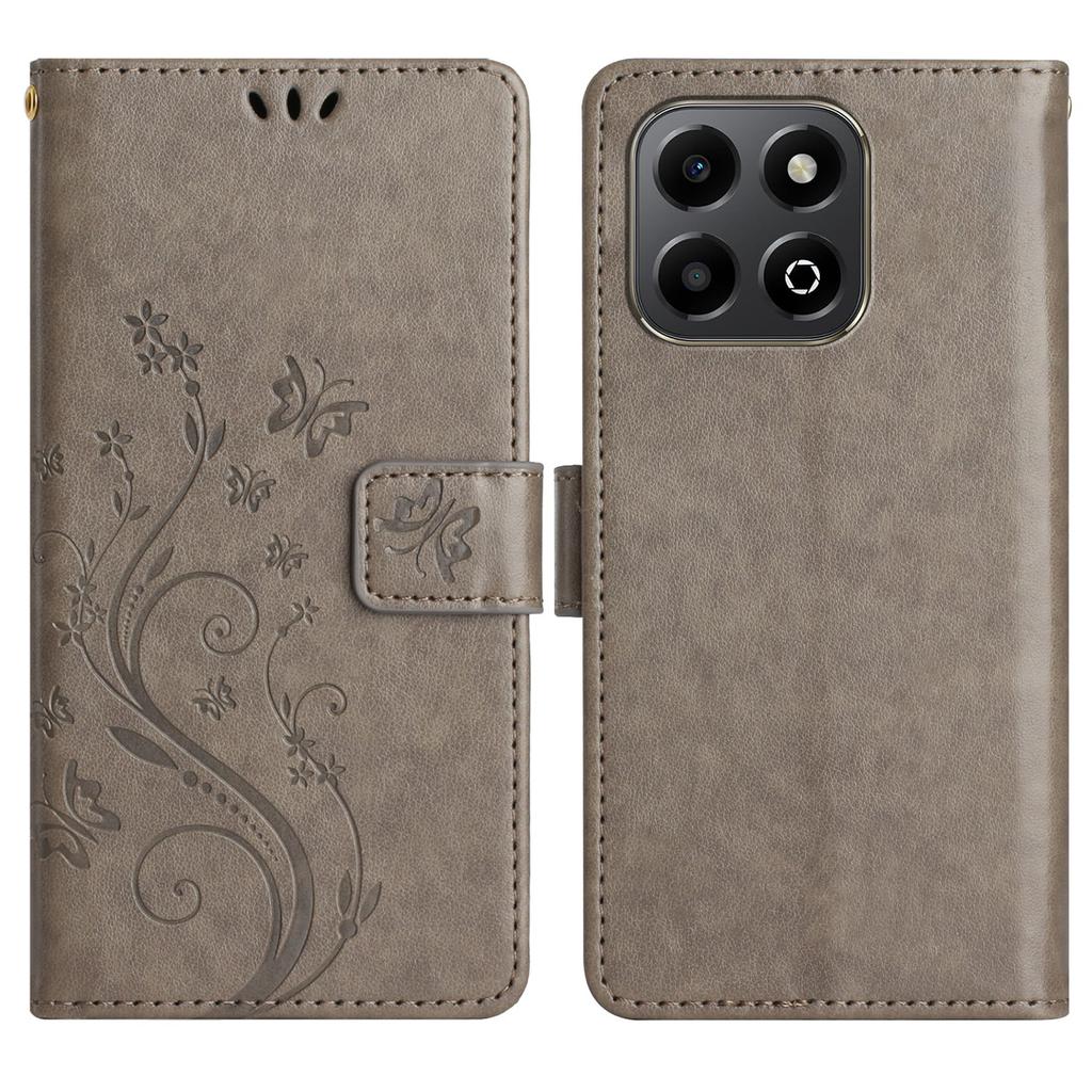 For Honor X6b 4G Leather Wallet Case Butterfly Flower Imprinted Phone Cover with Strap