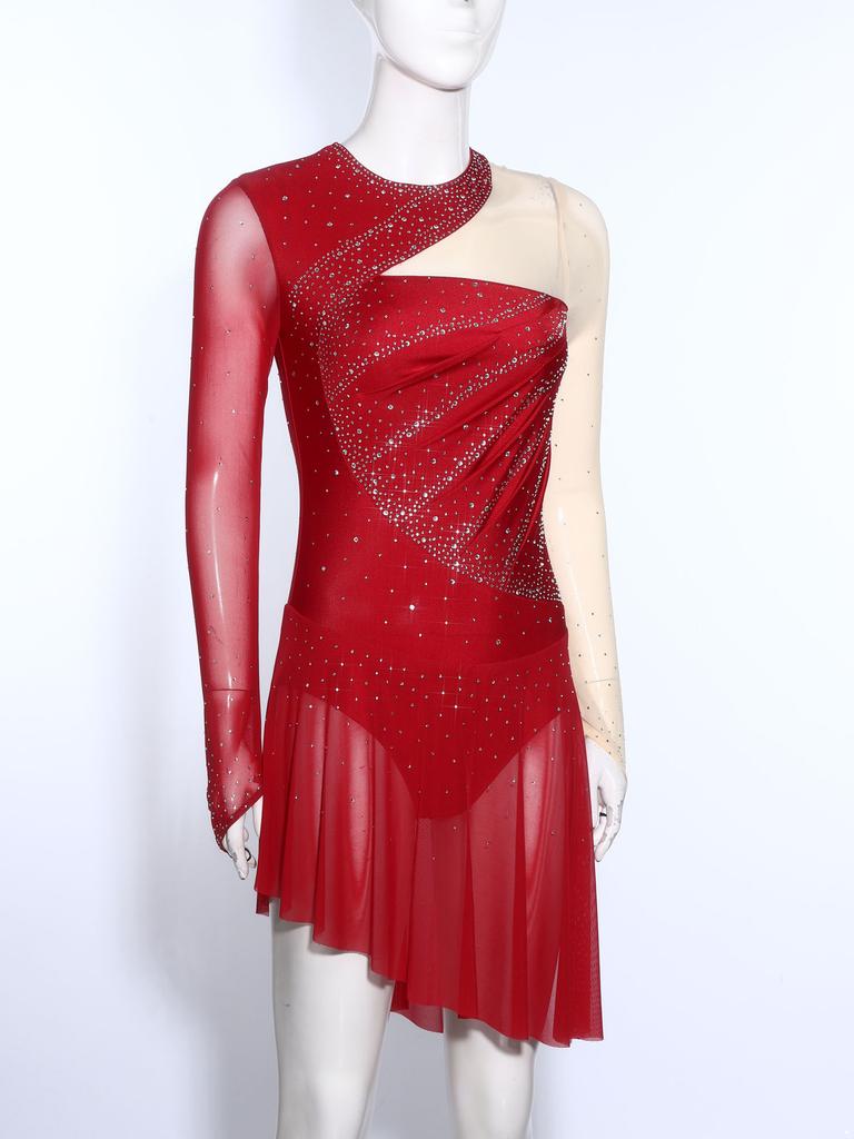 Women's Gymnastics Figure Skating Bodysuit S-XXL: Rhinestone Color Block Mesh Long Sleeve Chest Pleats Jumpsuit with Buttoned Crotch