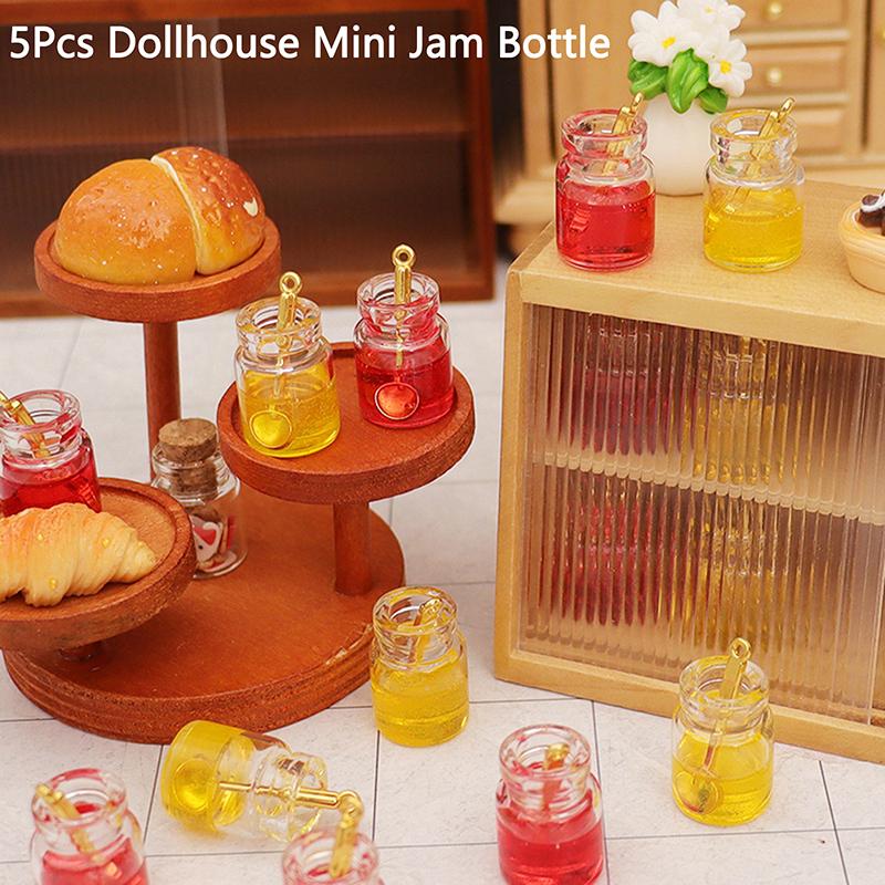 5Pcs 1/12 Dollhouse Simulation Mini Glass Jar Jam Model Dollhouse Kitchen Decoration Dolls House Micro Scene Photo Props