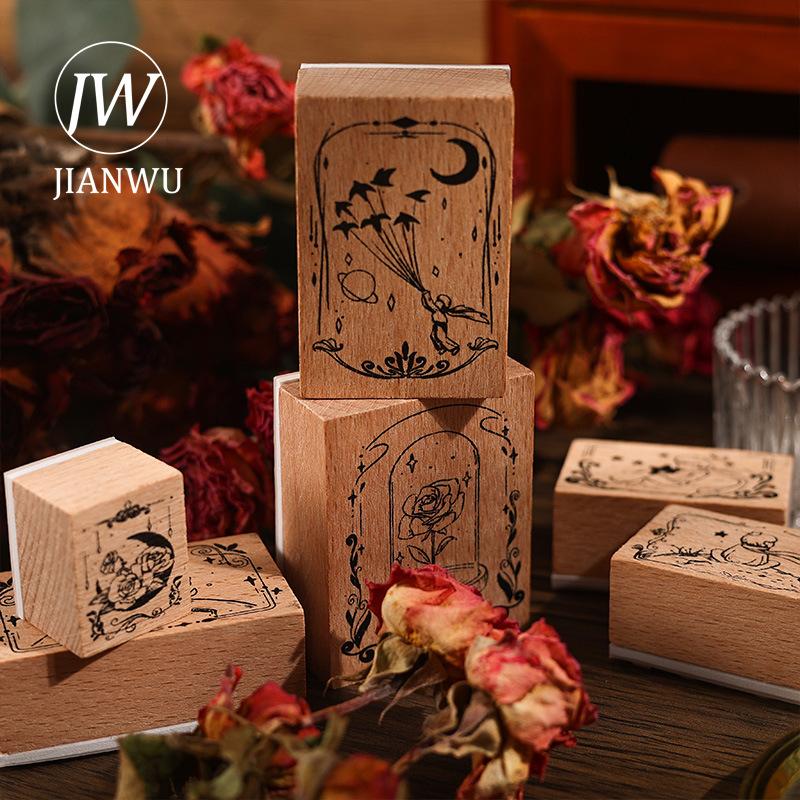 JIANWU 6 Pcs/set Rose Prince Series Vintage Wooden Rubber Stamp Set Creative DIY Journal Printing Decor Material Stationery