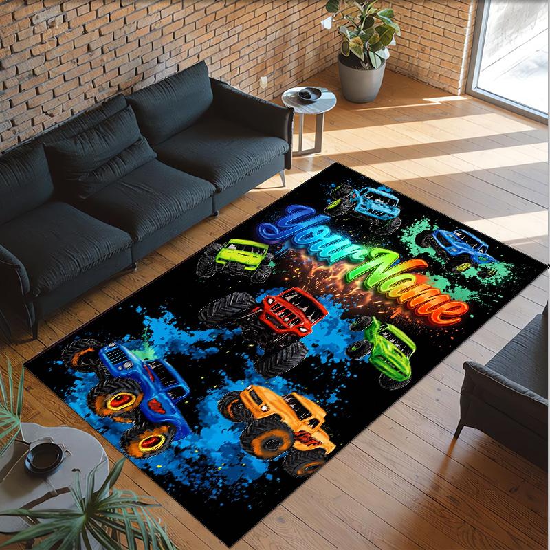 Monster Truck Theme Crystal Velvet Rug Personalized Custom Name Text Soft Floor Mat Home Decor