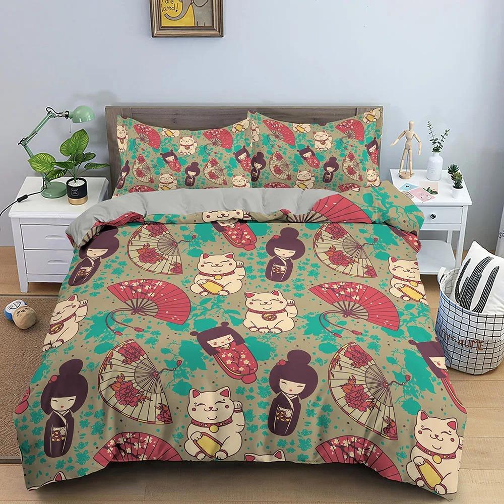 Japanese Doll Duvet Cover King Queen Lucky Cat Fan Bedding Set for Kids Girls Asian Japan Cultural 23PCS Polyester Quilt Cover