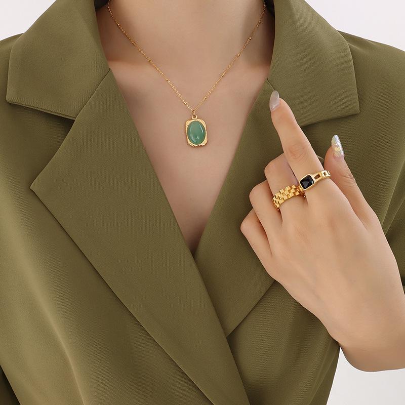 18K Gold-Plated Titanium Steel Necklace with Square Pendant and Natural Stone Inlay