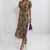 Spring New Women's Clothing, Elegant Temperament Printed V-neck Lantern Sleeve Dress
