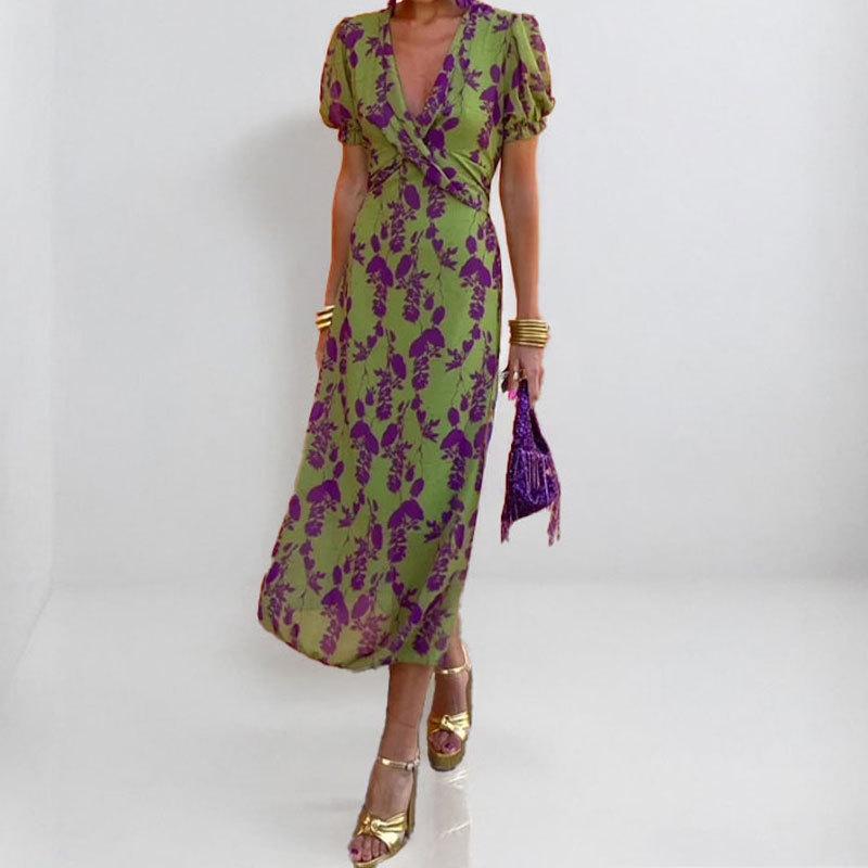 Spring new women s clothing, elegant temperament printed v-neck lantern sleeve dress S