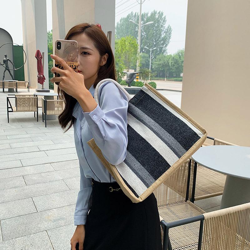 Women's Bag Cotton and Linen Large-capacity Shoulder Portable Tote Bag 2025 New Line Striped Contrasting Color Handbag