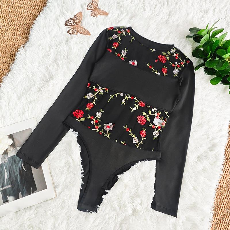 New Mesh See-through Underwear Tights Women's Floral Embroidery Dinner Party Black Long-sleeved Thin Onesie