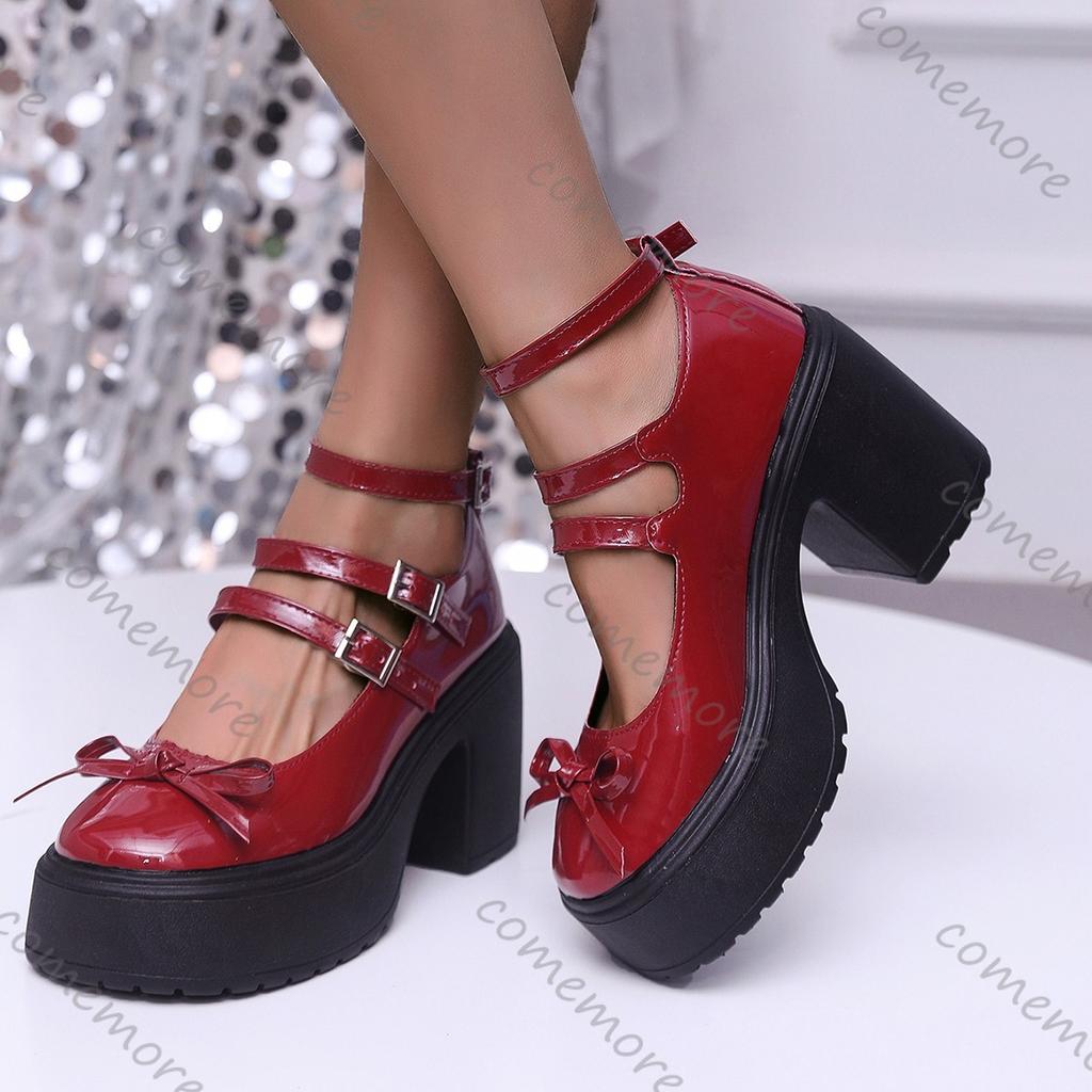 Fashion Comemore Belt Buckle Chunky Platform Mary Janes Shoes Woman High Heels Ankle Strap Pumps Women Spring 2025 Plus Size Lotita Shoe