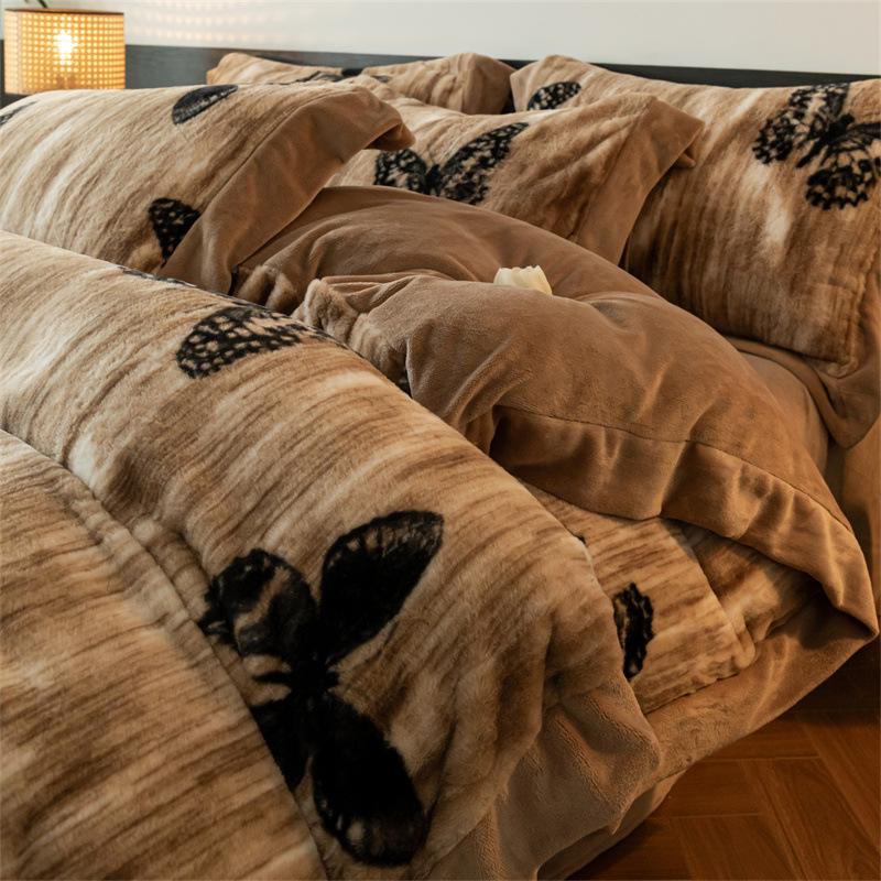 Thickened Rabbit Fleece Four-Piece Set, Warm Milk Fleece Bed Sheet Quilt Cover, Fleece Bedding, Coral Fleece Quilt Cover