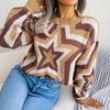 Women Y2K Autumn Winter Contrast Star Long Sleeve Pullover Sweater O Neck Knitted Tops