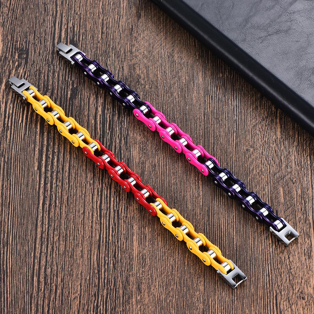 Purple Pink Color Blocking Motorcycle Chain Bracelet for Men Stainless Steel Bicycle Link Design Man Bracelets Hip Hop Jewelry