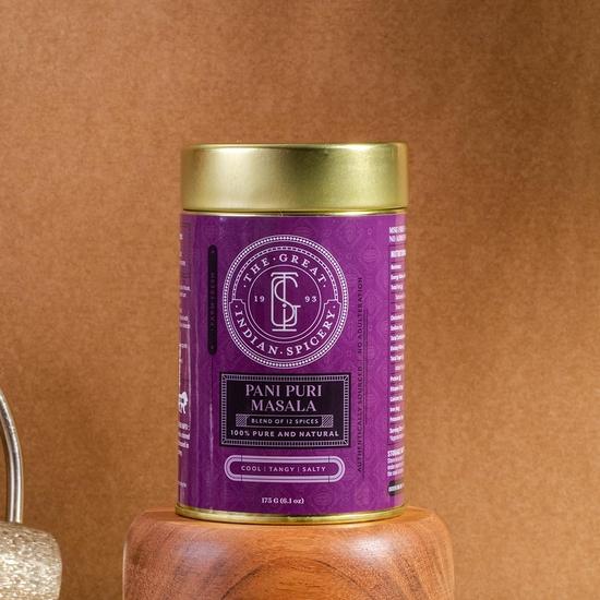 The Great Indian Spicery | Pani Puri Masala - 150gm Tin | Steam Sterilisation, Farm Fresh, Authentic Blend of 12 Spices, Non-Adulterated