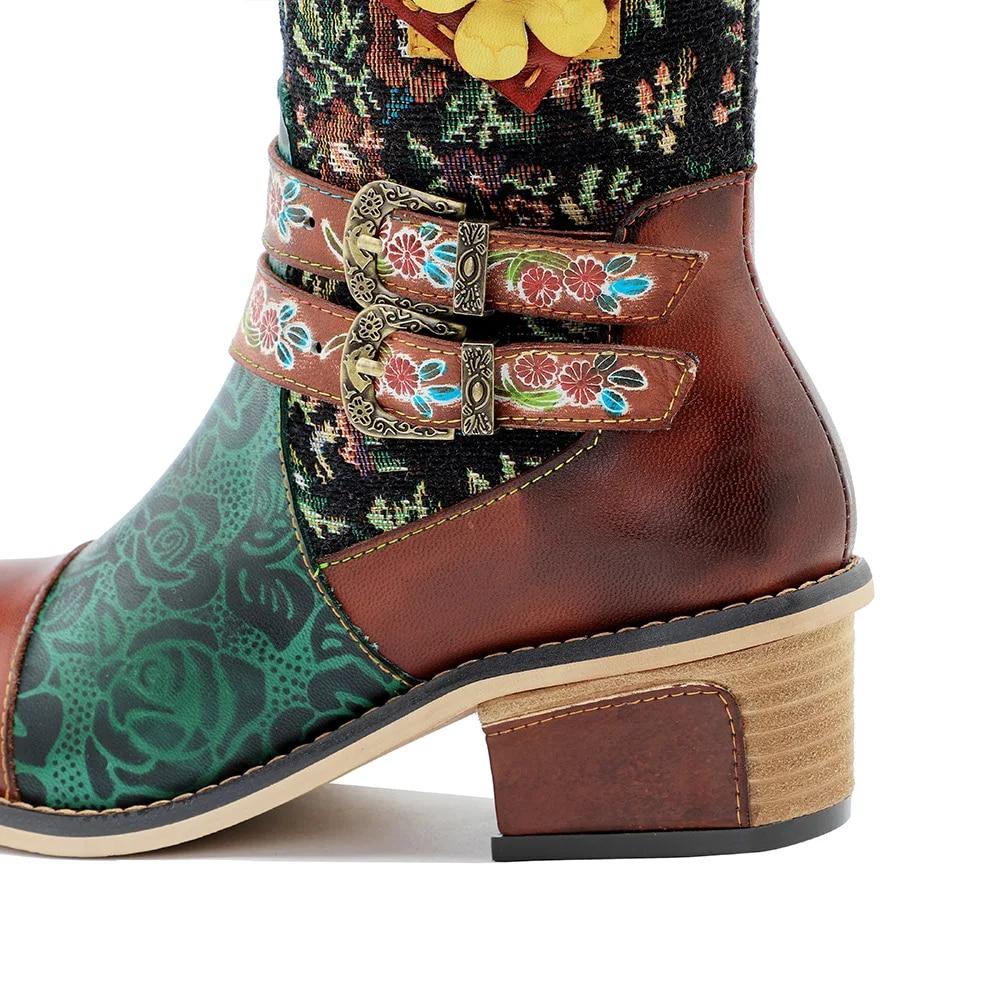 Johnature Handmade Color Printing Splice Flower Belt Buckle Comfortable Thick Heel Women Mid-calf Boots