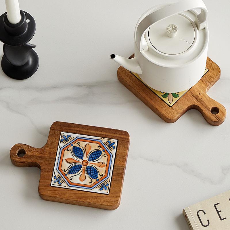 Japanese Solid Wood Floral Tile Heat-Resistant Kitchen Mat - Insulated Pot Holder, Retro Placemat, Casserole Mat, Coaster