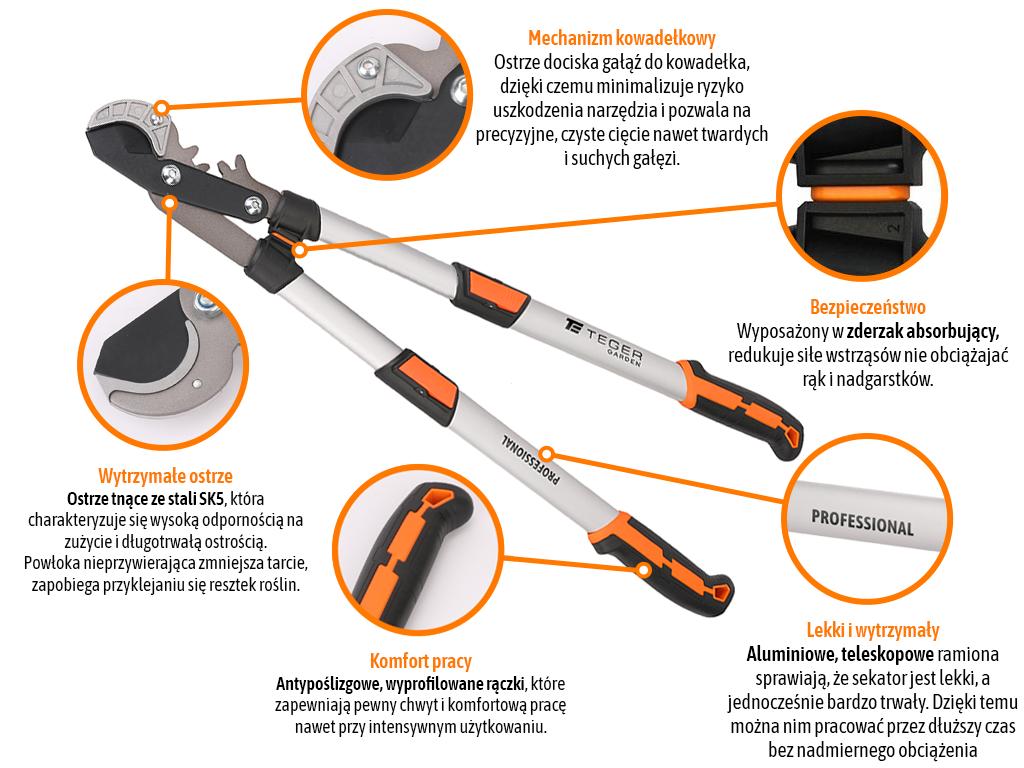 Sekator Kowadełkowy Professional- Dwuręczny Teleskopowy, Aluminiowy, Teger