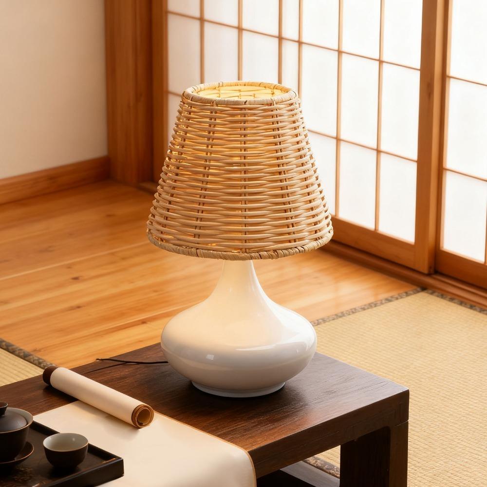 Handmade Bedside Table Lamp Handcrafted Wicker Nightstand Lamp Boho Farmhouse Decor
