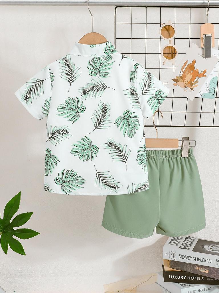 Boys' Tropical Leaf Print Shirt & Shorts 2Pcs Outfit