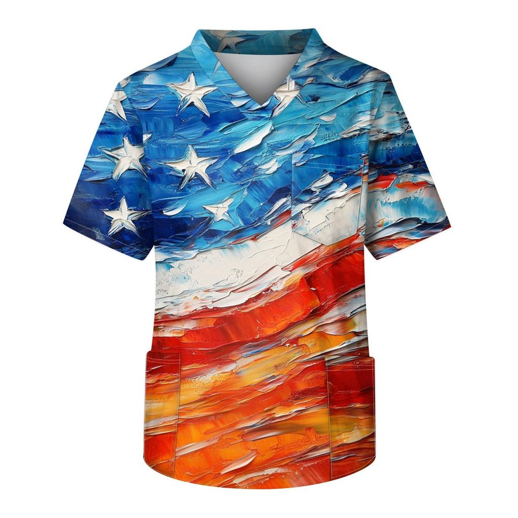 Men's Short Sleeve V-Neck Print Chest Pocket Care Top