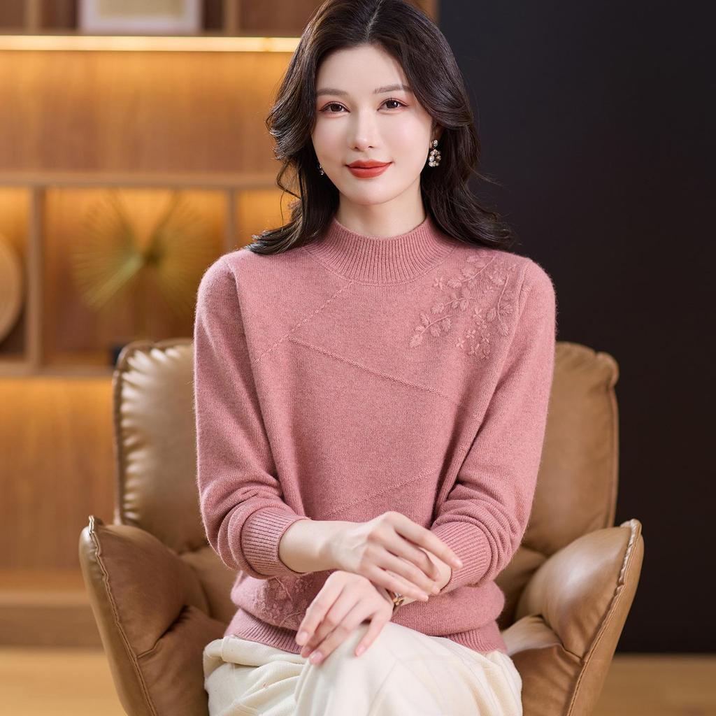 Women's Thickened Wool Sweater for Autumn & Winter - Mid-aged & Elderly Half-high Collar Warm Knit Shirt