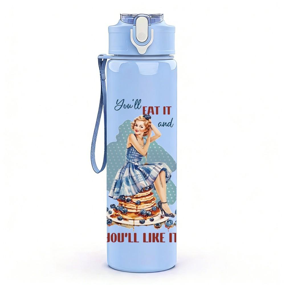 1PC Retro Vintage Lady Art Pattern 750ml Color Plastic Sports Water Bottle Leakproof Flip Straw Lid Suitable for Sports Office Home Use
