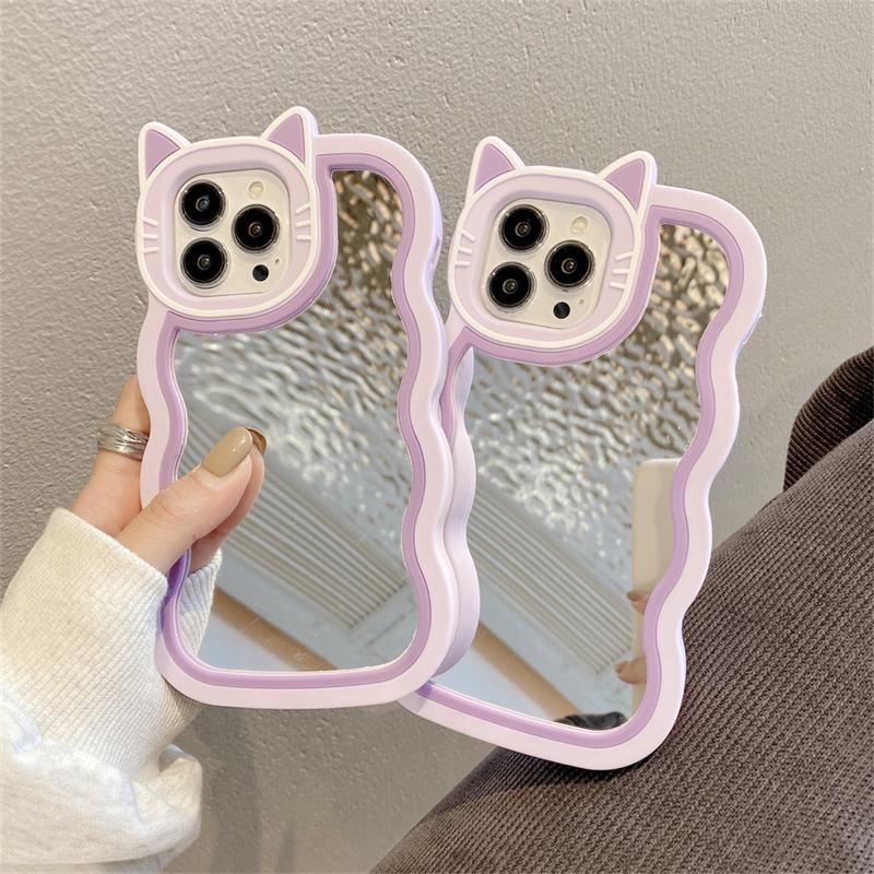 Ins Korean Cute 3d Cartoon Cat Ears Make Up Mirror Phone Case For Iphone 14 13 12 11 Pro Max Silicone Shockproof Soft Cover