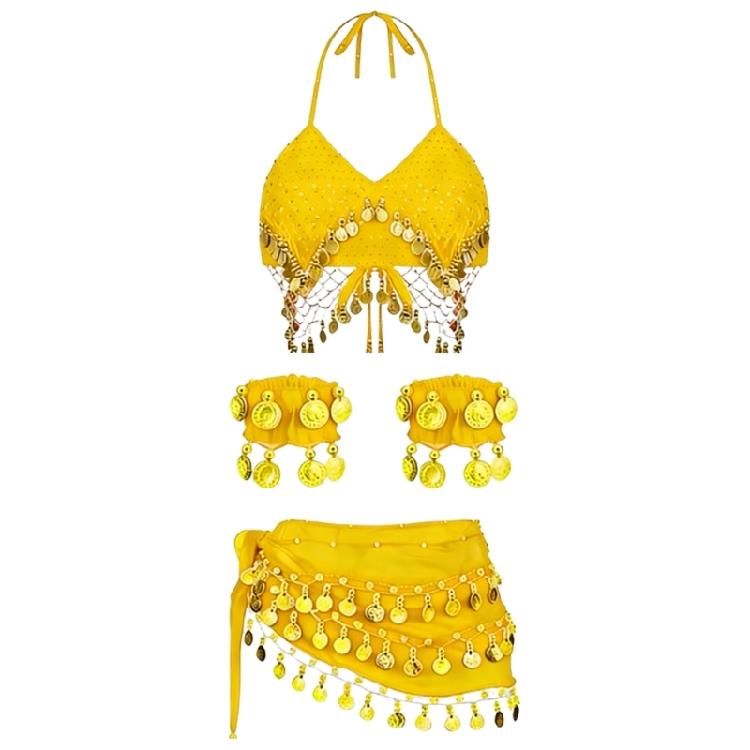 Danse du Ventre Danse Orientale Ensemble Foulard de Hanche Scintillant et Haut Lehenga Sans Manches Manchettes