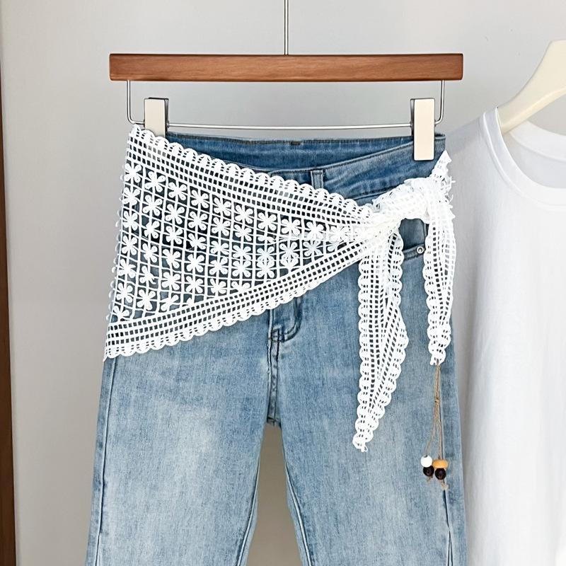 Lace Hollow Flower Fart Curtain Women'S Spring And Summer Jeans Premium Stacked Triangle Scarf Headscarf Ribbon Silk Scarf Trend