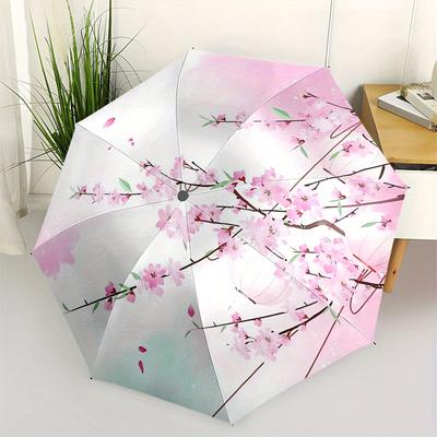 Cherry Blossom Lanterns Automatic Folding Umbrella 8 Ribs, Durable Iron Frame, Bright Color Pattern Compact Travel Umbrella, Suitable for O