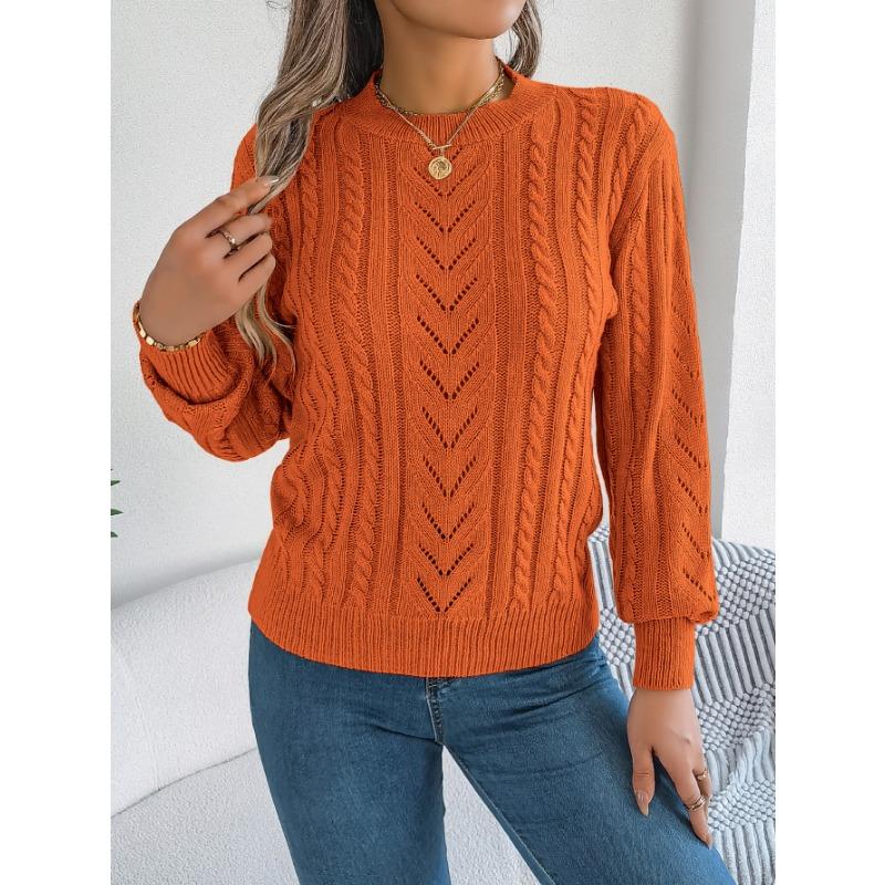 Women Autumn Winter Casual Solid Color Hollow Out Lantern Sleeve Pullover Sweater