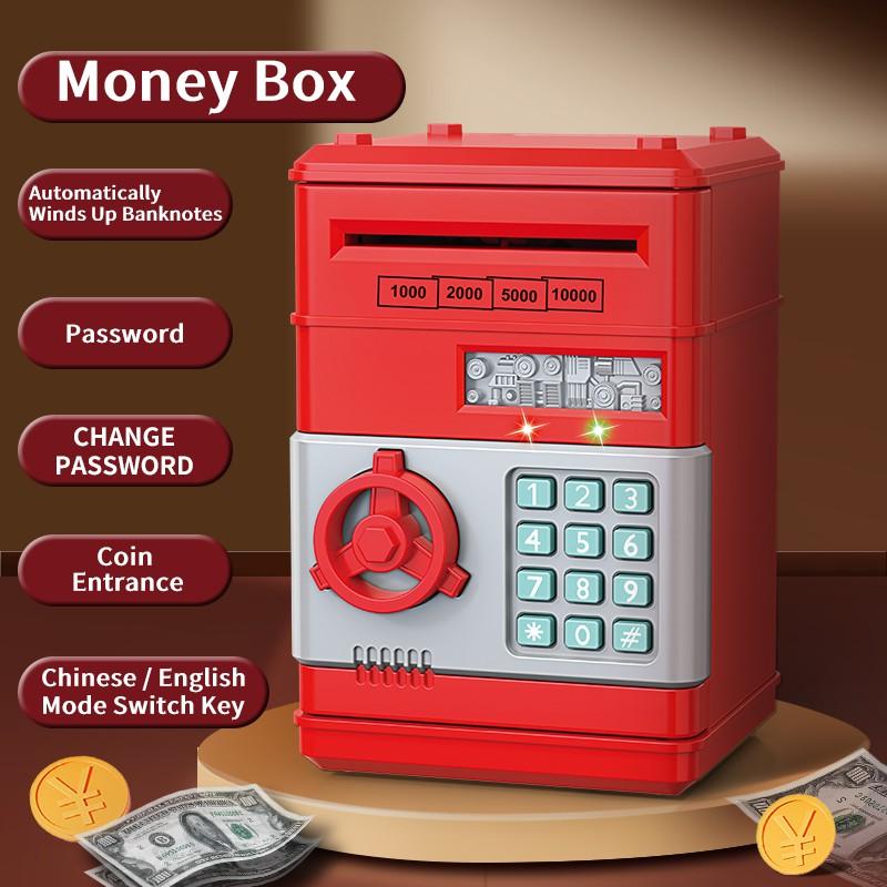 

7901 Kids Cartoon Electronic ATM Password Piggy Bank Cash Coin Can Auto Scroll Paper Money Saving Box Gift Red