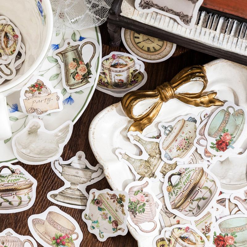 46Pcs Vintage Teapot Stickers Afternoon Tea Dessert Decoration Stickers DIY Creative Scrapbooking Craft Album Stickers Jourmal