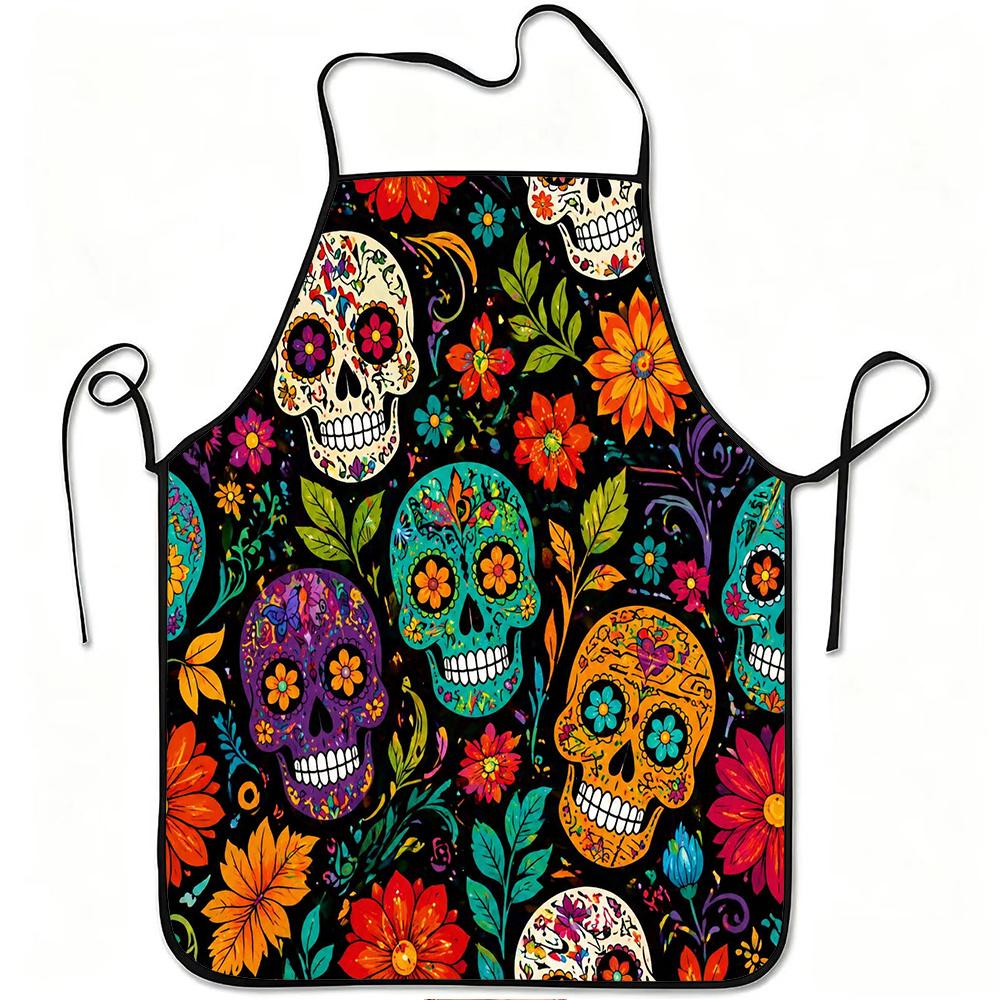 1pc Colorful Sugar Skull Floral Print Apron, Durable And Easy To Clean, Adjustable Waistband, Polyester Material, for Kitchen Cooking, Gardening, Orch