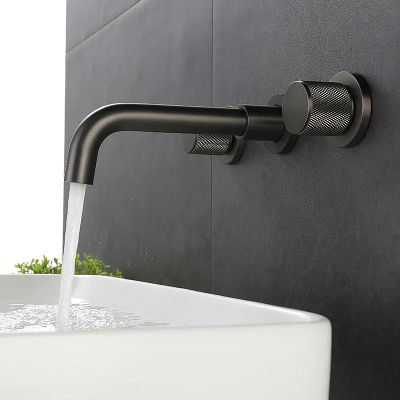 Bathroom Basin Faucet Brushed Gold/Black 2-Handle 3-Hole Wall Mounted Bathroom Sink Faucet Knurling Handle