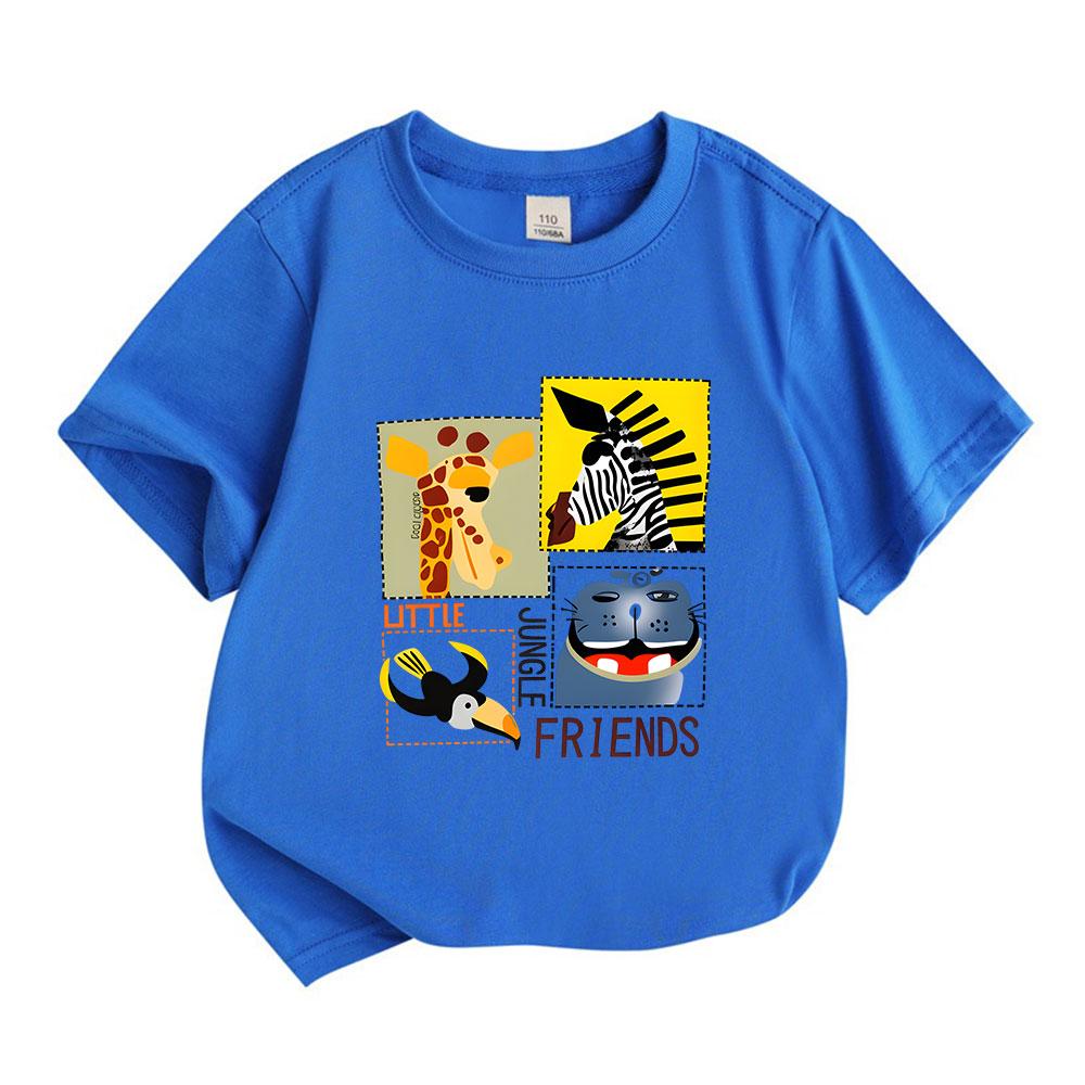 Kids Boys Girls 100% Cotton Crew Neck Short Sleeve T-Shirt, Cute Little Jungle Friends Giraffe Zebra Toucan Animal Printed Casual Tee for Daily Wear