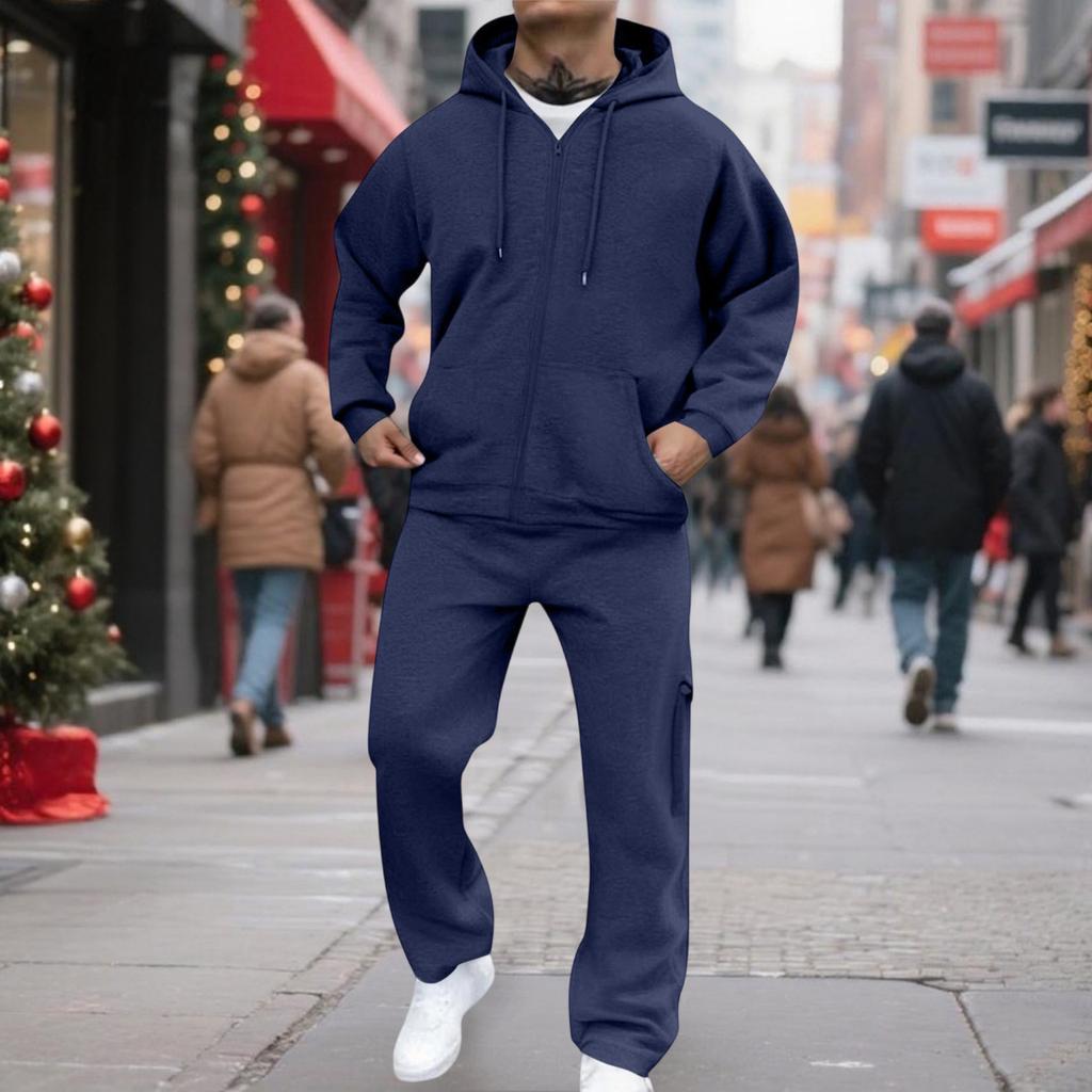 Men's Classic Two-Piece Set, Fleece Zip Hoodie Jacket & Elastic-Waist Cargo Pants For Casual Outdoor Sports