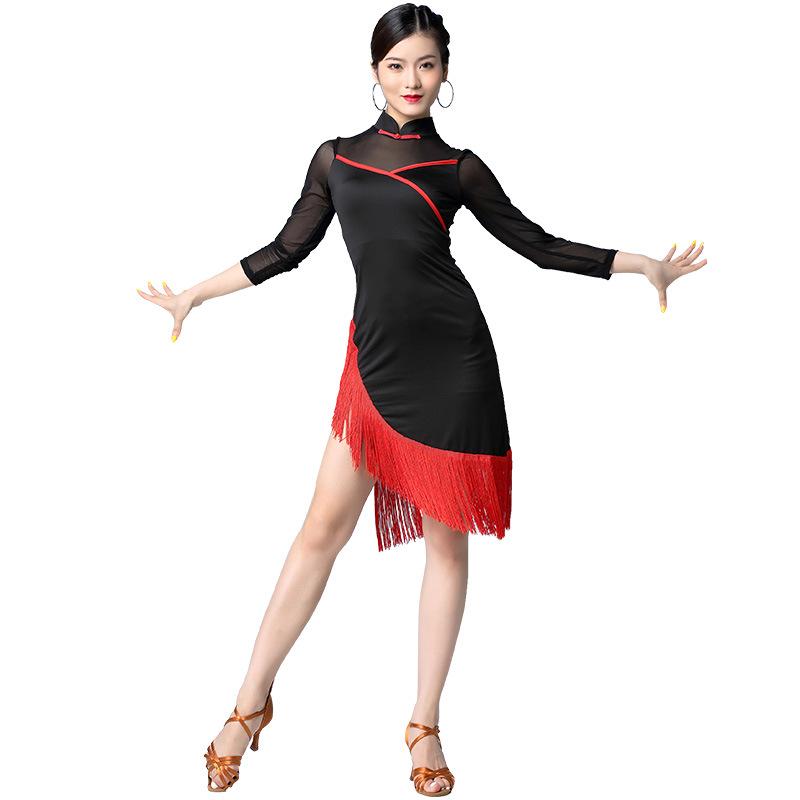Autumn New Latin Dance Mesh Tassel Cheongsam Dress for Women - Practice & Performance