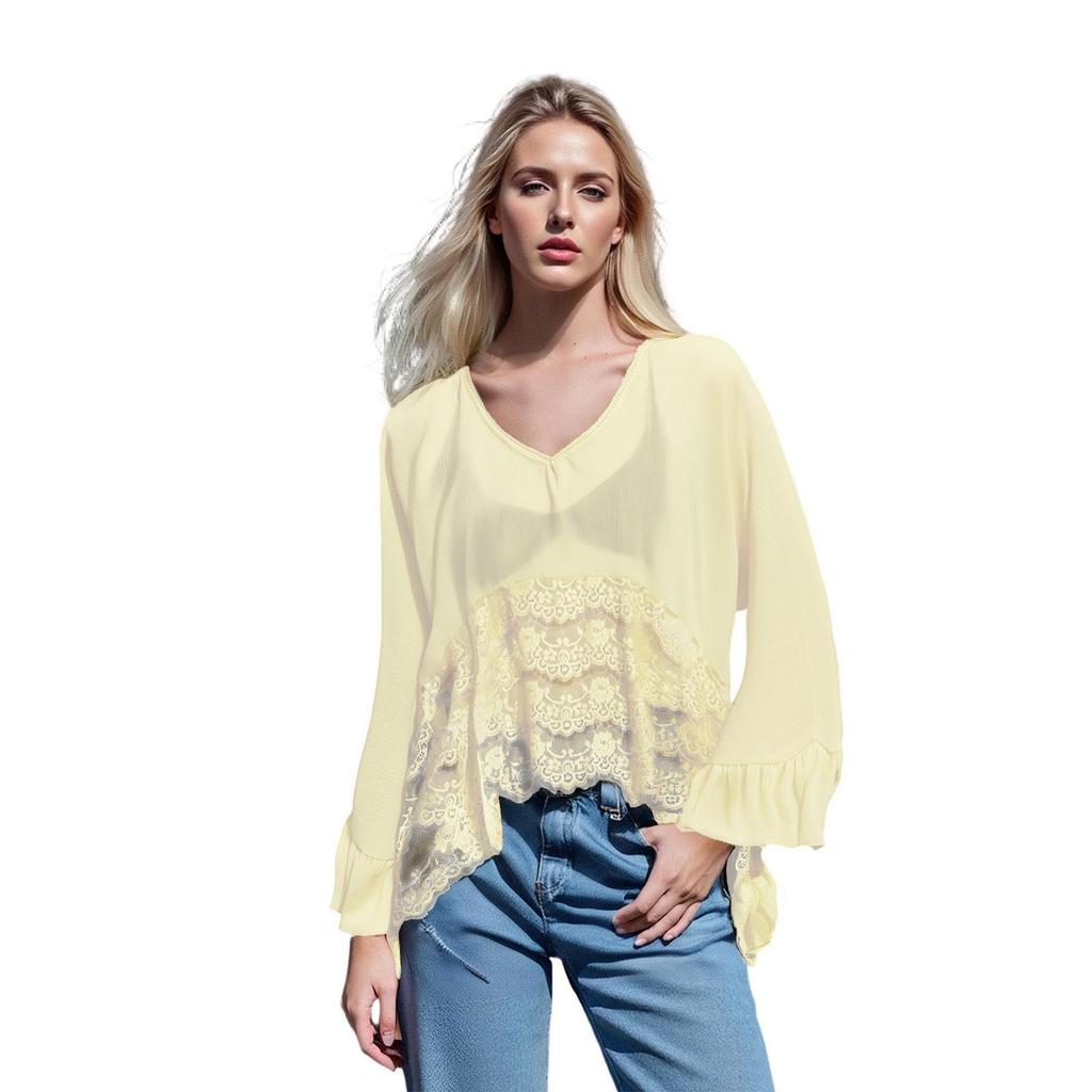 Women's Batwing Sleeve Mesh Cover-up: Spring/Summer Loose Beach Top with Lace Patchwork and Sun Protection.